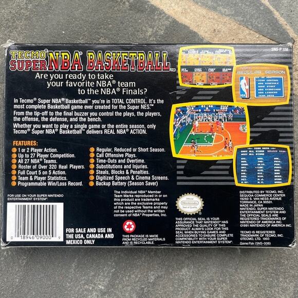 SNES 1993 Super Nintendo Tecmo Super NBA Basketball with Box and Manual - Picture 2 of 11